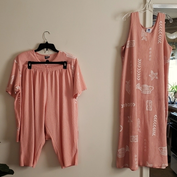 Vintage made USA rock fish print crinkle fabric pant suit/dress Coastal Grandma - Picture 1 of 11